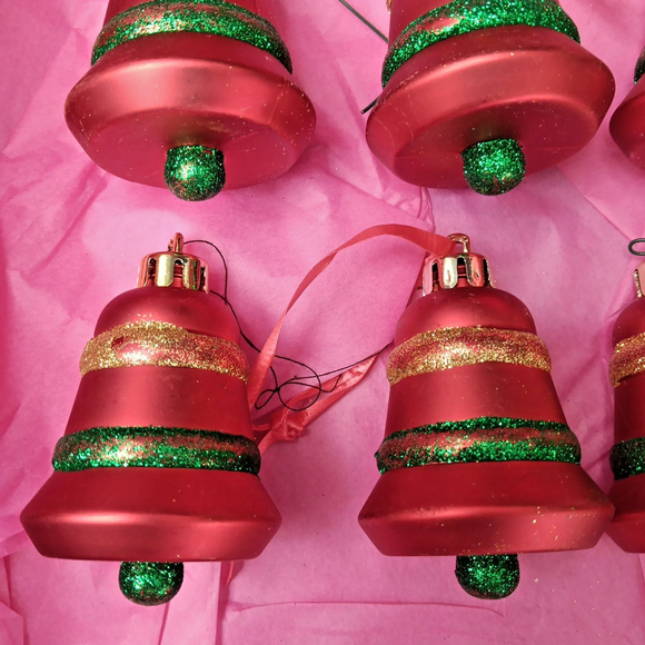 10pcs Bell Christmas Ornaments Plastic Red Green Gold CN Unbreakable - Picture 2 of 7